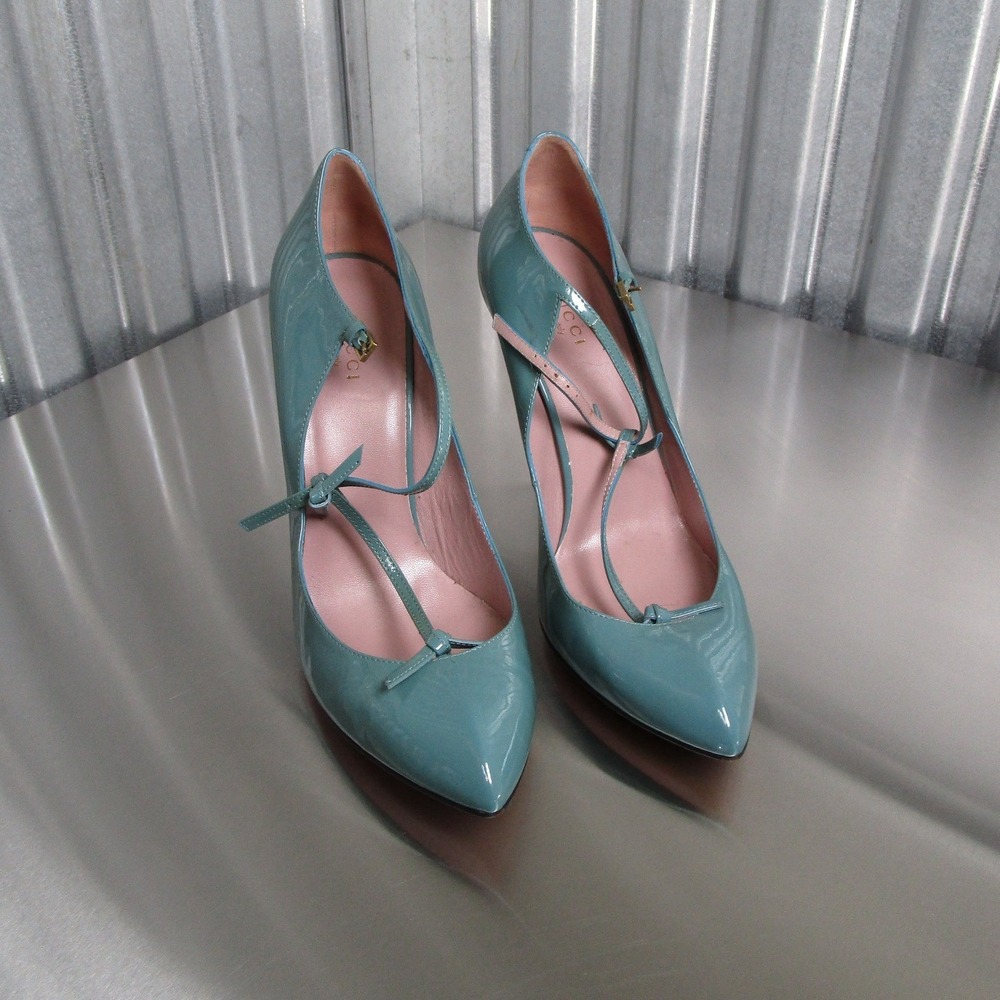 Gucci Teal Blue Patent Leather T-Strap Bow Pumps Pointed Toe Heels 323494 39.5